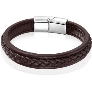 LGT Jewels Heren Armband Bruin Leer Gevlochten Edelstaal Sluiting-23cm