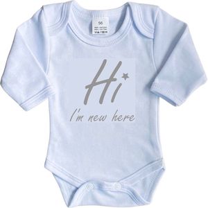 La Petite Couronne Romper Lange Mouw ""Hi I'm new here"" Met Een Sterretje Unisex Katoen Wit/grijs Maat 56