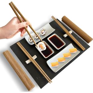 HOMBLE Sushi Servies - Deluxe 11 Delige Set - Japans Servies - 2 Personen - Wit/Leisteen