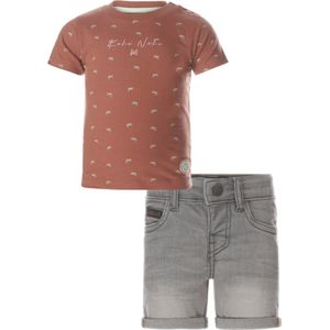 Koko Noko - Kledingset - 2 delig - Short grijs denim - Shirt Fox bruin met printje - Maat 134