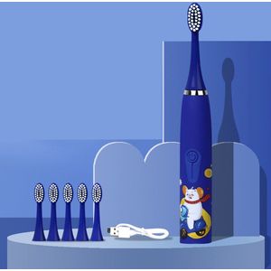 Elektrische tandenborstel voor kinderen, USB-oplaadbaar, zachte borstelharen, 6 koppen - donkerblauw