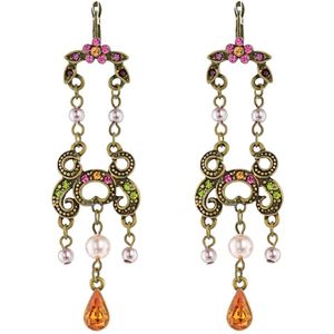 Behave Oorbellen hangers vintage goud-kleur roze groen 7 cm