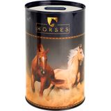 Dieren kinder spaarpot bruine paarden 10 x 15 cm - Paard / pony thema spaarpotten van metaal