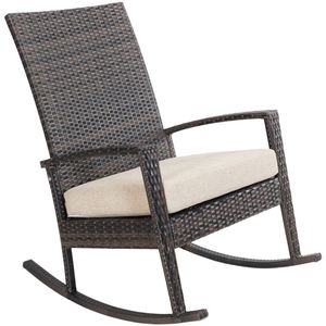 Luna Rocking chair - Schommelstoel buiten - Donker bruin poly rattan - Kaki Kussen - Tuinstoel schommelstoel - tuinmeubelen - loungemeubel outdoor voor terras, balkon, wintertuin