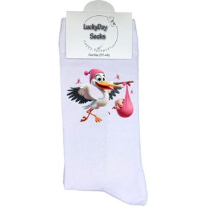 Ooievaar - Verjaardag cadeau - Grappige sokken - kraam cadeau - Meisje -Leuke sokken voor heren en dames - Moederdag - Vaderdag - Cadeau voor hem en haar - Kerstcadeau - Vrolijke sokken - Valentijns cadeau - Sokken waar je vrolijk van wordt - 37-44
