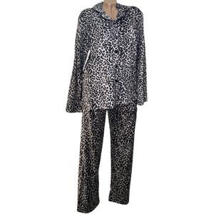Dames Velours Panter Pyjama met Doorknoop en Kraag Maat-XXL zwart/grijs/wit