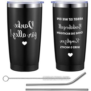 Thermobeker 600 ml voor collega's - Werk isolatiebeker met deksel en rietje - Bedankcadeau afscheidscadeau - Verandering van baan pensioen - Zwart