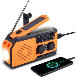 Crankradio met nooduitrusting op batterijen, 5000mAh draagbare zonne-energie radio dynamo powerbank AM FM WB met zaklamp, leeslampjes, SOS-alarm, waterdicht voor wandelen, kamperen, noodgevallen (oranje)