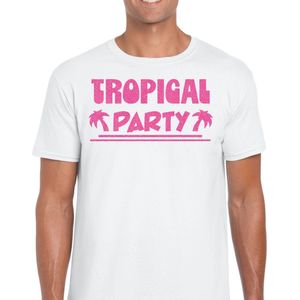 Bellatio Decorations Tropical party T-shirt heren - met glitters - wit/roze - carnaval/themafeest L