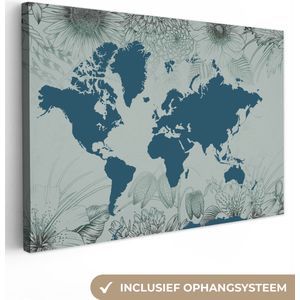 Canvas Wereldkaart - 90x60 - Wanddecoratie Wereldkaart - Grijs - Blauw