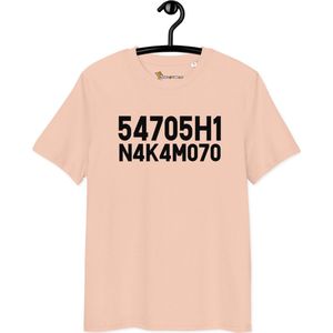 Bitcoin T-shirt - Satoshi Nakamoto - Unisex - 100% Biologisch Katoen - Perzik Kleur - Maat S | Bitcoin cadeau| Crypto cadeau| Bitcoin T-shirt| Crypto T-shirt| Crypto Shirt| Bitcoin Shirt| Bitcoin Merch| Crypto Merch| Bitcoin Kleding
