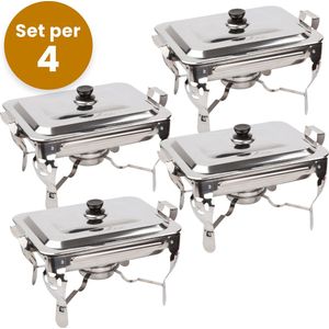 Alora Chafing Dish chrome - Set van 4 - voedsel verwamer - voedsel warmhouden - met deksel - buffetwarmer - roestvrij staal - chrome - warmhoudplaat - bain maria - warmhoudbakken - 35 x 28 x 25cm - Warmhoudschalen