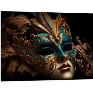 PVC Schuimplaat- Venetiaanse carnavals Masker met Blauwe en Gouden Details tegen Zwarte Achtergrond - 100x75 cm Foto op PVC Schuimplaat