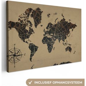 Canvas Wereldkaart - 120x80 - Wanddecoratie Wereldkaart - Vintage - Kompasroos
