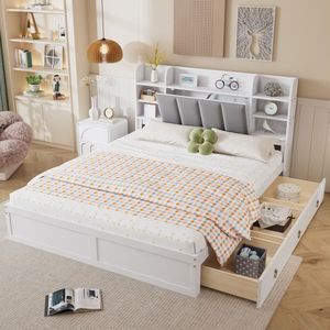 Sweiko Tweepersoonsbed - 160x200cm - 3 laden - Opbergvak - Dennenhouten bedframe - Wit + grijs