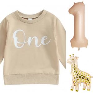 Cakesmash set met sweater beige met folie ballonnen 1 en Giraf - cakesmash - eerste - 1 - one - verjaardag - giraf - ballon