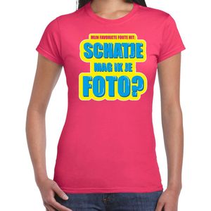 Foute party Schatje mag ik je foto verkleed/ carnaval t-shirt roze dames - Foute hits - Foute party outfit/ kleding S
