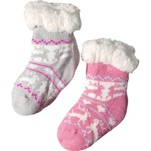 Baby - Huissokken - Antislip - Gevoerd - Set van 2 paar - Huissokken - Meisjes - kinderen - Warme wintersokken - Kleur Roze/Grijs/Wit - Maat 0 t/m 12 maanden - Kerst - Cadeau