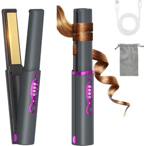 OBEST Draadloze Stijltang - Draadloze stijltang - Stijltang - Draadloze stijlborstel - Stijltangen - Hair straightener - Mini stijltang - Draadloze krultang - Stijltang en krultang 2 in 1 - Stijltang draadloos - Draadloze stijltang mini - Grijs