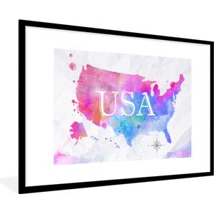Fotolijst incl. Poster - Wereldkaart - Waterverf - Verenigde Staten - 120x80 cm - Posterlijst