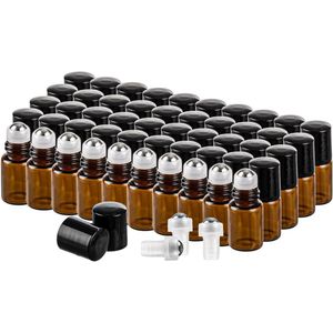 50 stuks glazen flessen voor etherische oliën, 2 ml met roestvrijstalen rollerballs - bruine roll-on fles voor spa massage aromatherapie.