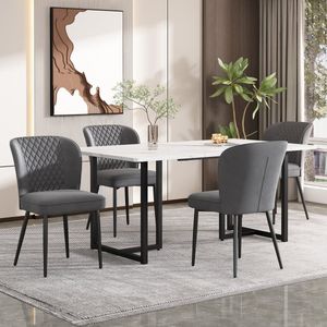 Sweiko Eettafel set, 140 x 80 x 75cm, eettafel met 4-stoelen, grijs fluweel eetkamerstoelen, kussens stoel ontwerp met rugleuning, wit MDF tafelblad, L-vormige zwarte tafelpoten
