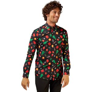 OppoSuits Christmas Icons Black - Heren Kerst Overhemd - Kerstshirt Met Kerstbomen - Zwart - Maat 4XL