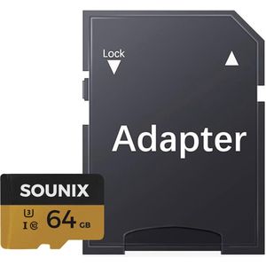 Sounix Micro SD Memory Card 64GB - Zwart - Incl. SD Adapter - UHS-I U3