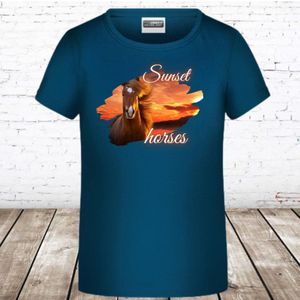 Meiden shirt met paardenprint blauw 134/140