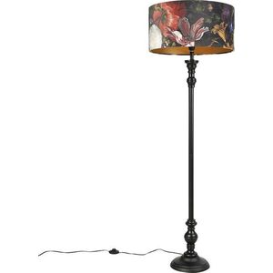 QAZQA Vloerlamp Zwart met Velours Kap Bloemen Goud 50 cm - Classico