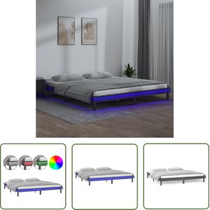 The Living Store Bedframe LED massief hout grijs 200x200 cm - Houten Bedframe - Led Verlichting - Grenenhout Bed - Tweepersoons Bed - King Size Bed