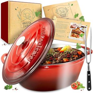 33 cm gietijzeren braadpan met deksel ovenbestendig incl. vleesvork - 6 l emaille pan XL - ideale stoofpan Kazan, inductie ovaal, cadeau Kerstmis