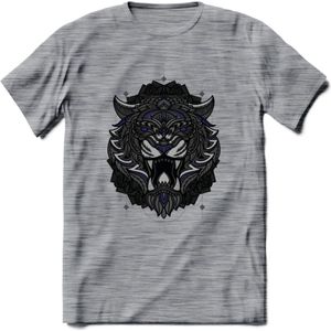Tijger - Dieren Mandala T-Shirt | Donkerblauw | Grappig Verjaardag Zentangle Dierenkop Cadeau Shirt | Dames - Heren - Unisex | Wildlife Tshirt Kleding Kado | - Donker Grijs - Gemaleerd - XL