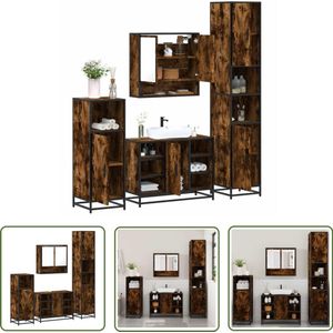 The Living Store 4-delige Badkamermeubelset bewerkt hout gerookt eikenkleurig - Badkamermeubilair - Badkamerspiegel - Houten Badkamerkast - Industrieel Design - Badkameropbergruimte