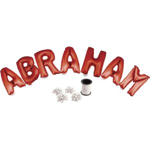 Folie ballonset rood met letters ABRAHAM 41 cm + geschenklint 10m met 4 witte strikken