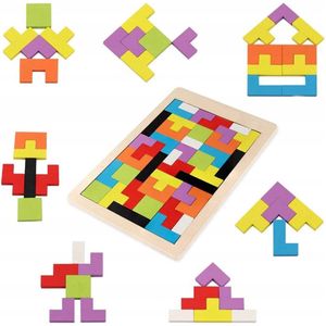 Playos® - Tetris - Vormen Puzzel - 40 Puzzels - Houten Speelgoed - Montessori Speelgoed - Tangram - Educatief Speelgoed - Ruimtelijk Inzicht