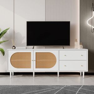 Praktisch wit tv-meubel met echt houten poten en veel opbergruimte - 2 laden, 2 deuren met een stijlvol rotan ontwerp voor uw entertainmentelektronica