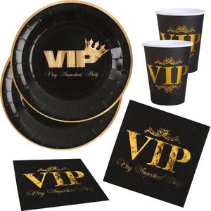 VIP feest wegwerp servies set - 20x bordjes / 20x bekers / 20x servetten - zwart/goud