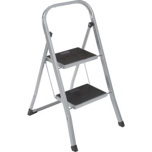 Trapladder 2 treden inklapbaar, metalen vouwtrap met beugel en rubberen treden, vouwtrap tot 150 kg, zilverkleurig/zwart