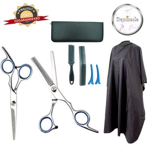 Demiracle Professionele Kappersset inclusief Premium Kapmantel en Trimkam – Salonkwaliteit – Zilveren scharen – Leren Etui – Kapper – Knipschaar – Effileerschaar – Uitdunschaar – Kappersschort - Ergonomisch