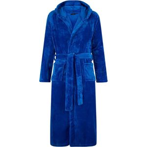 Badjas fleece - kobalt blauwe badjas met capuchon - flanel fleece badjas unisex - maat XL/XXL