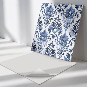 Wallfluent Vinyl Wandpaneel - Bloemenpatroon in barokstijl Zelfklevend Wandpaneel - 50 cm x 50 cm - Blauw PVC wandpaneel - Set van 4 - Vierkant Wandbekleding Vinyl - Patroon Wandpaneel - PVC Muurpaneel - Wandpaneel Keuken en Badkamer