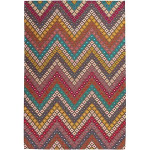 LaagPol - dun tapijt, patchwork, met bloemen, zigzag patroon, campagne, modern, onderhoudsvriendelijk - woonkamer, slaapkamer, eetkamer, hal - kleur: rood, Zwart, oranje, turquoise blauw, afmetingen: 80 x 150 cm