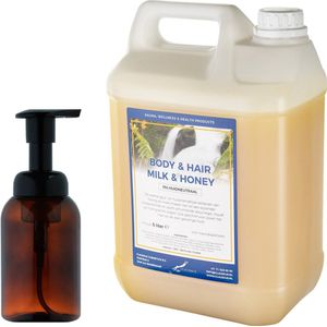 Zeepdispenser 300 ml amber bruin hervulbaar + 5 liter Body & Hair Milk & Honey navulling