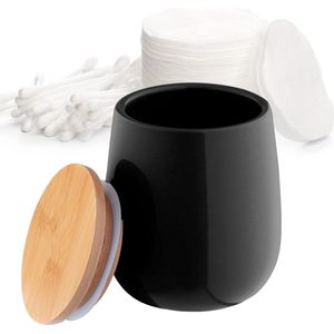 Cosmeticadoos, opbergdoos van keramiek - wattenschijfje met deksel van bamboe, wattenschijfhouder, voorraaddoos, wattenhouder, universele doos voor badkamer, wattenschijfjes, rond - Zwart KADAX