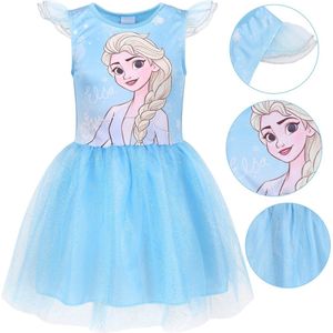 Frozen Elsa Blauw jurk met tule en korte mouwen, meisjesjurk