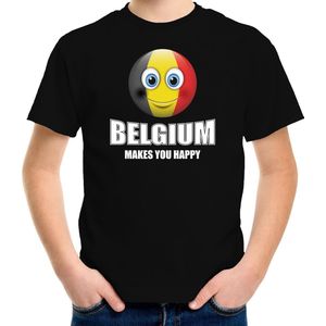 Belgium makes you happy landen t-shirt Belgie met emoticon - zwart - kinderen - Belgie landen shirt met Belgische vlag - EK / WK / Olympische spelen outfit / kleding 146/152