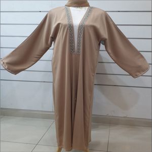 Galya satijn Pearl Stroke Abaya -beige met zilveren strass steentjes l
