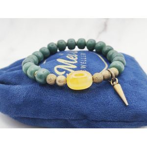 Mei's | Tibetan Bodhi Stone | armband dames / Tibetaanse sieraad / dames sieraad | Hout / Edelsteen / Bodhi / Gele Jade / Koper | polsmaat 17,5 cm / groen / koper / geel