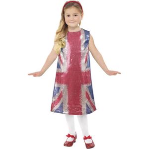 Smiffy's - Landen Thema Kostuum - Engelse Vlag Spicey Glitter Jurk Meisje - Blauw, Rood - Large - Carnavalskleding - Verkleedkleding